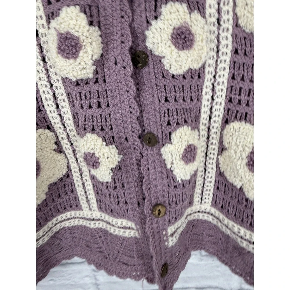 Stormi Wren Crochet Floral Sweater Vest Lavender Boho Cottagecore Button Front S
